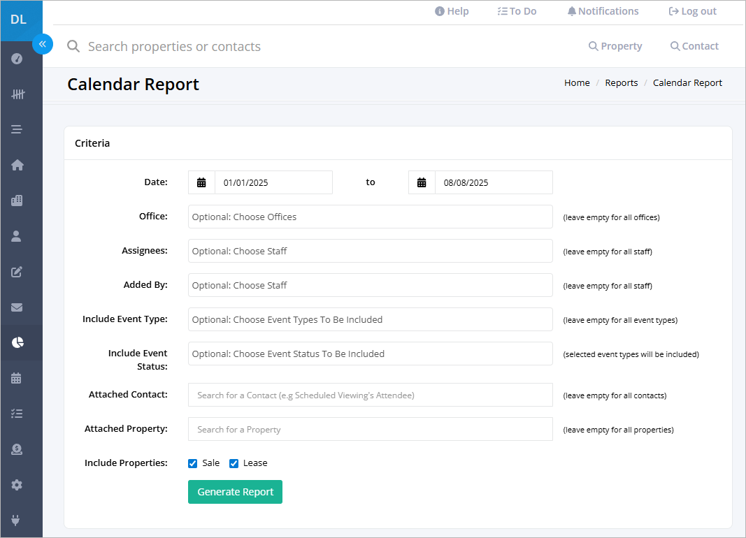 Calendar report overview – VaultRE