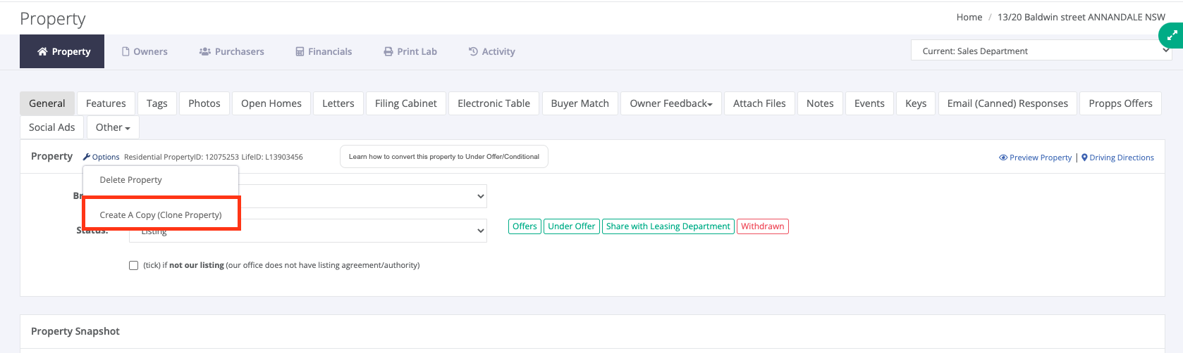 Property Record: Create A Copy (Clone Property) – VaultRE