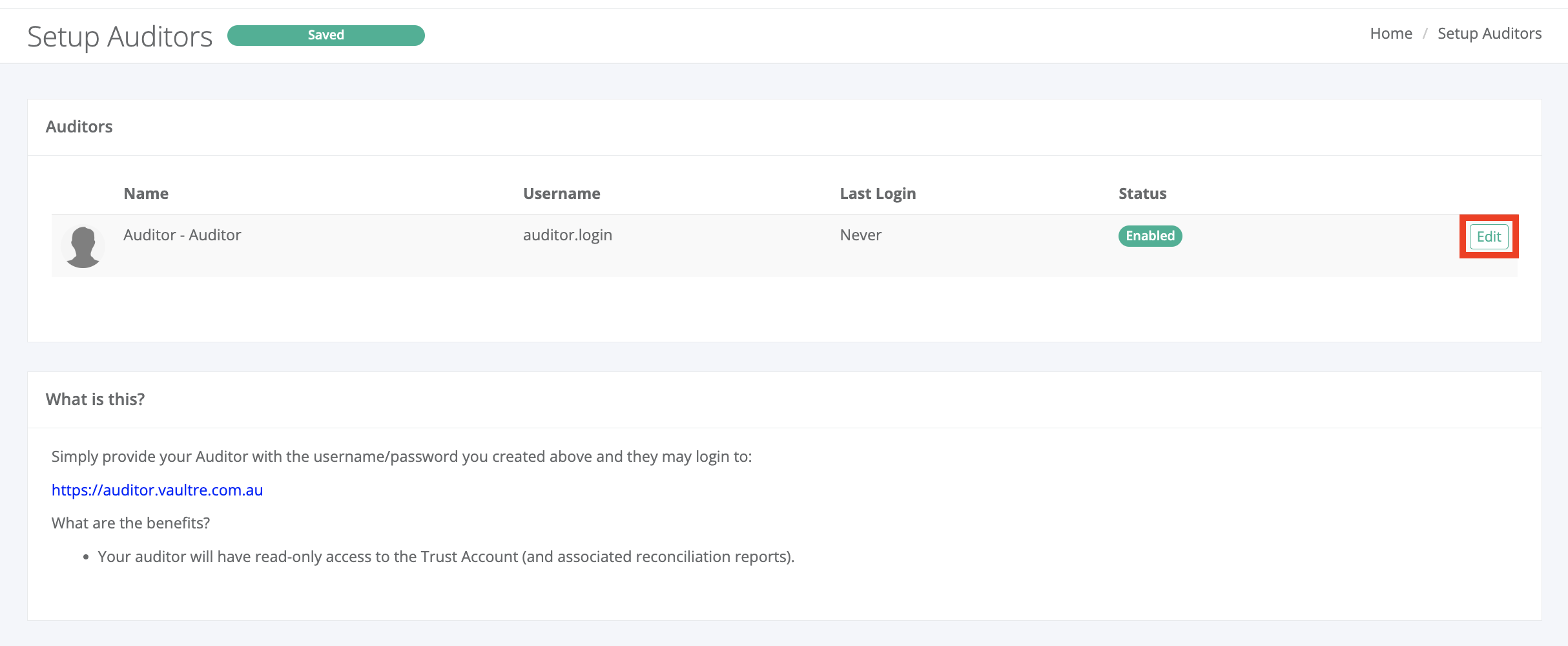Auditor Login (Setup Auditor) VaultRE